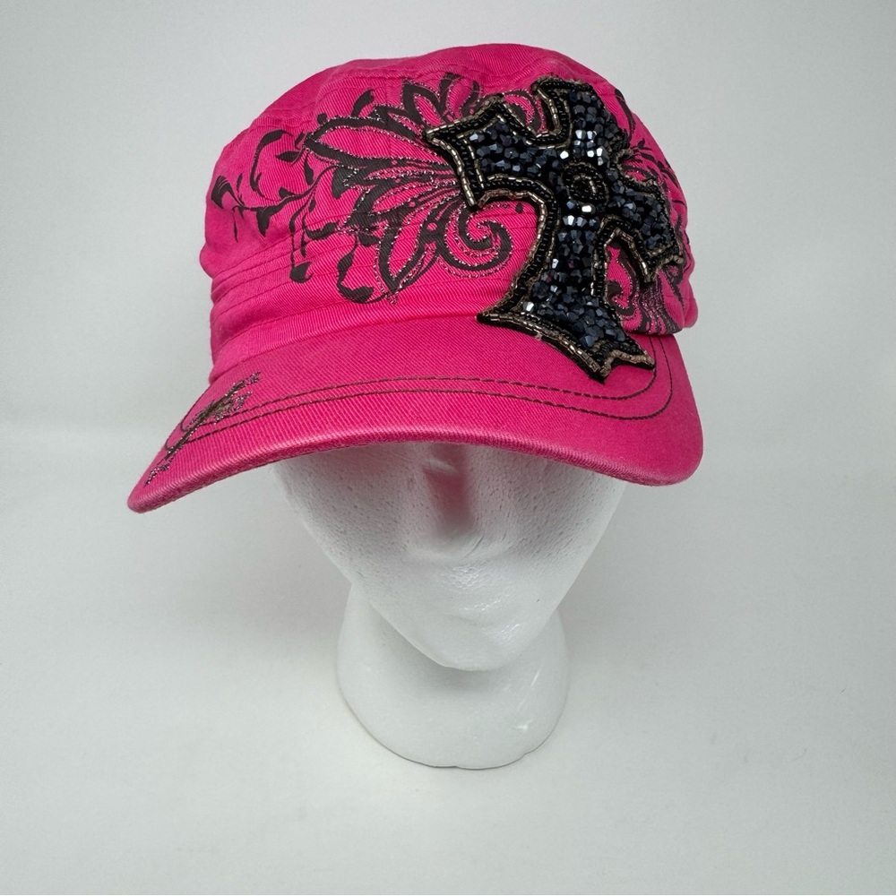KBethos Women's Pink Bling Cadet Cap with Black Rhinestone Cross Embellishment - Picture 2 of 11